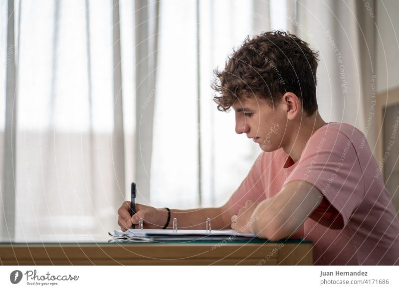 Teenager, der in seinem Wohnzimmer in ein Notizbuch schreibt jung Junge schreibend lernen Tag Haus Schüler Bildung studierend Hausaufgabe Lernen im Innenbereich