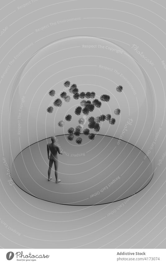 3d Entwurf mit Mann im Glas mit Zellen Virus Konzept Design abstrakt Figur im Inneren Grafik u. Illustration florarium durchsichtig Form Gefahr Umwelt