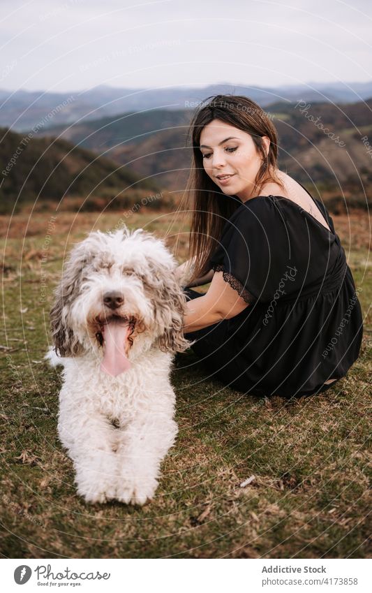 Fröhliche Frau mit flauschigem Hund in der Natur geben Pfote Besitzer Zusammensein Freundschaft gehorsam Haustier Tier spanischer Wasserhund grasbewachsen Hügel
