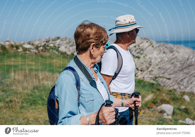 Älteres Ehepaar übt Trekking im Freien Senior Paar Wanderer Berge u. Gebirge Blick Landschaft Feld Natur alt Trekkingstöcke Nordic Walking wandern Taille hoch