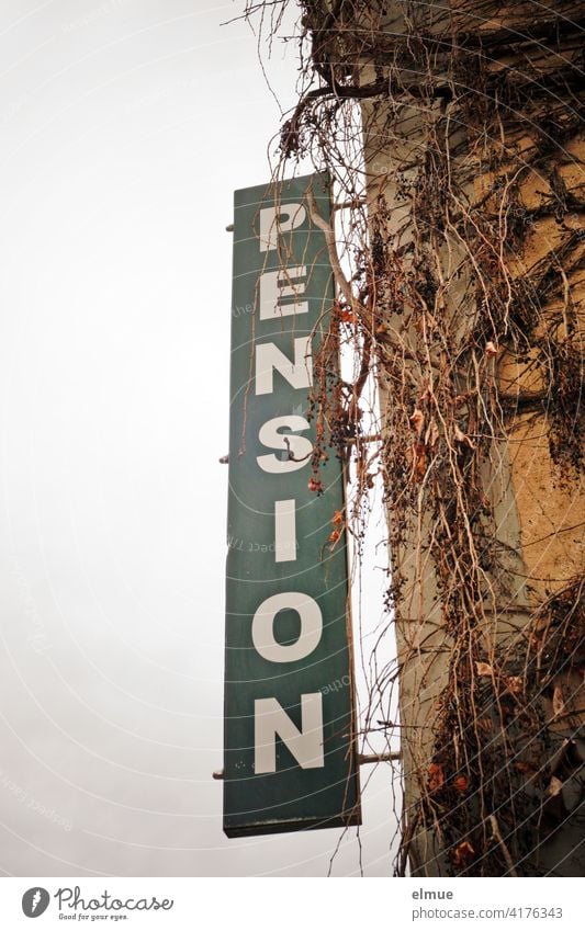 Auf einem großen grünlichen Schild an einer bewachsenen Häuserwand ist in senkrecht angeordneten weißen Großbuchstaben PENSION zu lesen / Übernachtung Pension