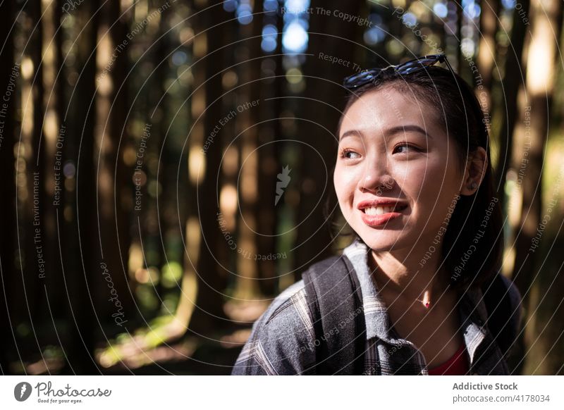Asiatische Frau mit Rucksack im Wald Backpacker Wälder Sommer Abenteuer Waldgebiet heiter Fernweh asiatisch ethnisch Alishan-Gemeinde Taiwan Natur Lächeln
