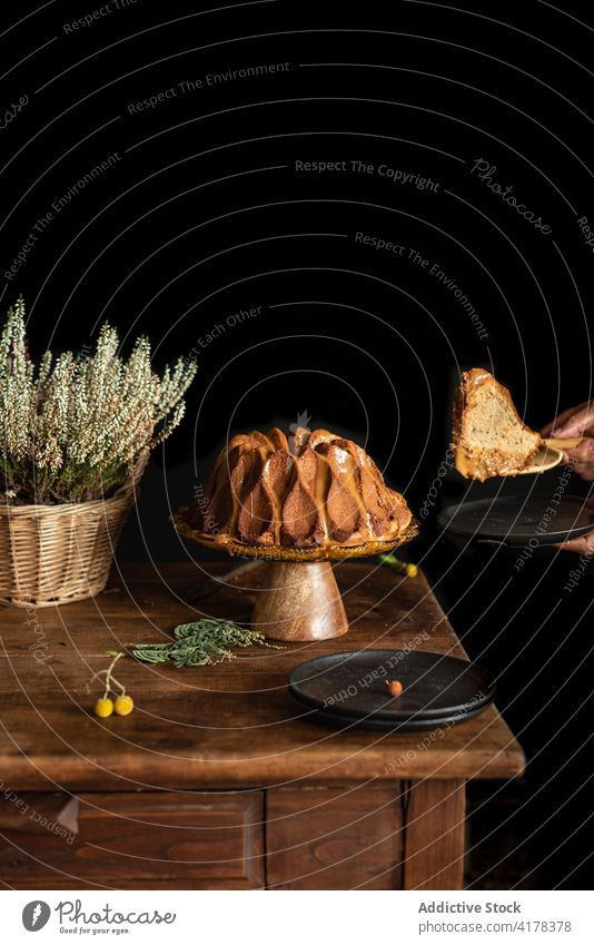 Hausgemachter Gugelhupf auf Holztisch Kuchen Bund selbstgemacht süß Lebensmittel dienen Gebäck gebacken rustikal Dessert Spielfigur lecker geschmackvoll Blume