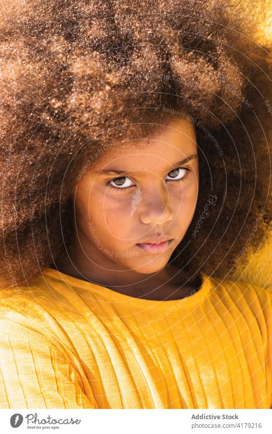 Ethnisches Mädchen mit Afrofrisur schaut in die Kamera Afro-Look Frisur krause Haare Teenager ernst Porträt Kind Menschliches Gesicht gelb Afroamerikaner