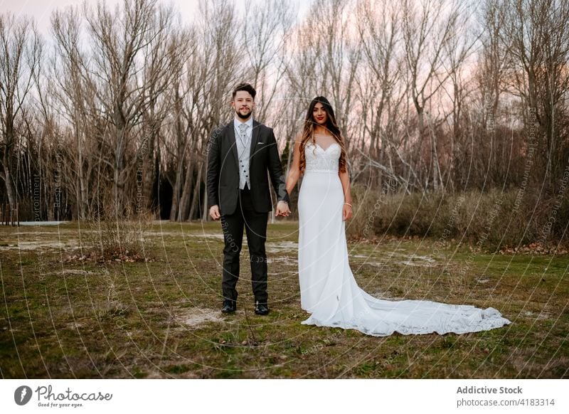 Elegantes junges gemischtrassiges neuvermähltes Paar hält Hände im Wald bei Sonnenuntergang Händchenhalten Liebe Hochzeit Stil Zusammensein romantisch