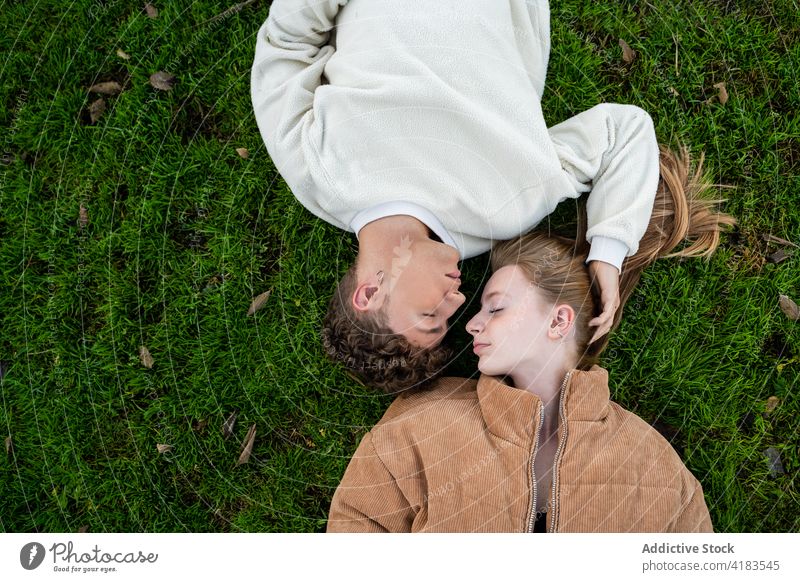 Pärchen auf der Wiese liegend und mit geschlossenen Augen Paar sich[Akk] entspannen Rasen Partnerschaft Liebe sanft Zeit verbringen Sommer idyllisch ruhen