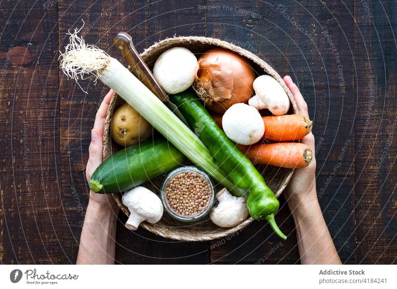 Korb mit Bio-Gemüse und Getreide Korn Müsli organisch satt sortiert Veganer Vegetarier Überfluss Weide Ernte Ernährung Bestandteil Porree Zwiebel Paprika Pilz