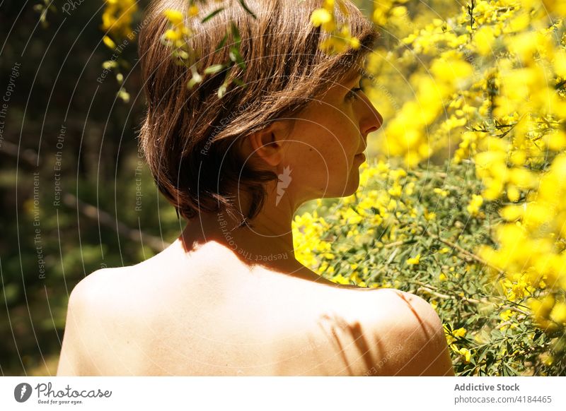 Nackte Frau genießt den Duft eines blühenden Baumes im Garten sich[Akk] entspannen Blütezeit genießen riechen Harmonie Natur idyllisch Blume Erwachsener
