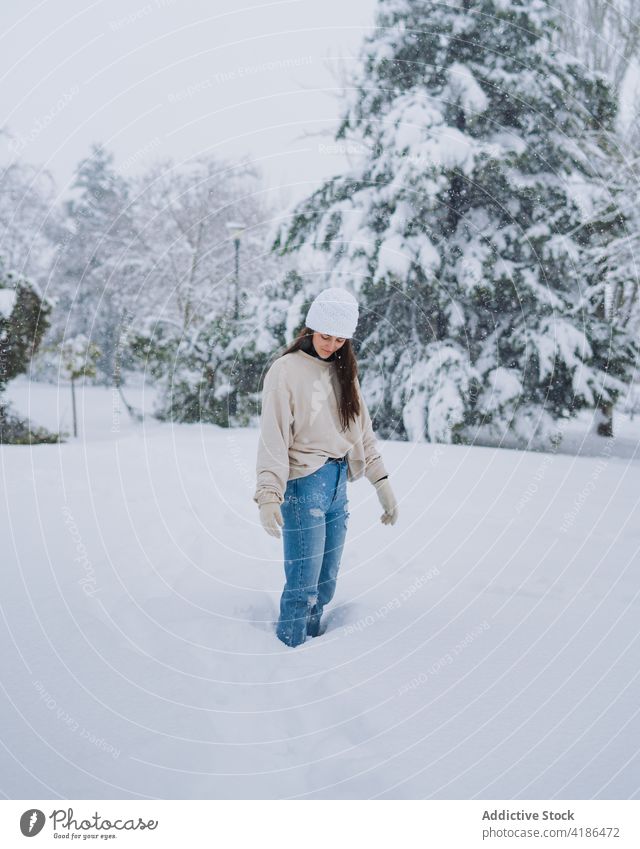 Frau auf verschneitem Park in winterlicher Stadt Straße Schnee Winter Himmel kalt Wetter Großstadt Spanien Madrid allein vegetieren Baum Gebäude Spur Jeanshose