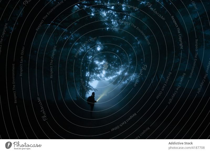 Unbekannter Rucksacktourist erkundet dunklen Wald mit Taschenlampe Trekker Wälder erkunden Fernweh Mysterium Natur vegetieren Nacht Ausflug Mann Umwelt