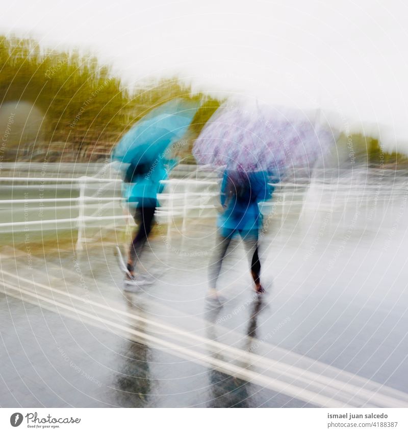Menschen mit einem Regenschirm an regnerischen Tagen im Herbst Person regnet Regentag Wasser menschlich Fußgänger Straße Großstadt urban Bilbao Spanien laufen