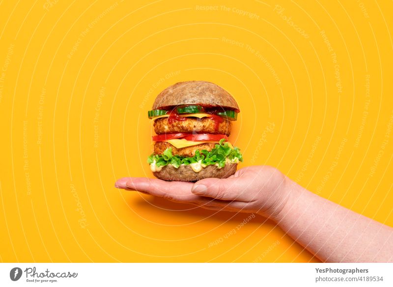 Veggie-Burger in der Draufsicht, isoliert auf orangefarbenem Hintergrund. Hand hält Soja-Burger oben alternativ Brot Käse Cheeseburger Farbe farbig