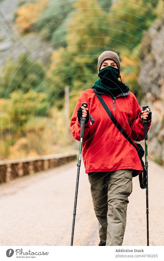 Junge weibliche Reisende in Oberbekleidung beim Nordic Hiking im Wald Frau reisen Nordic Walking Wanderung Herbst Straße Aktivität Abenteuer sportlich Fotograf