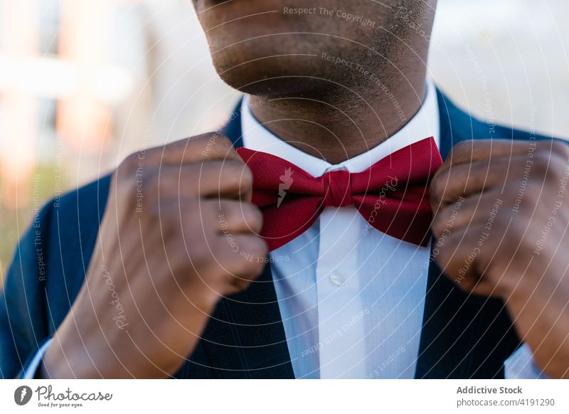 Crop Bräutigam Anpassung Fliege striegeln ausrichten Mann Stil rot Hochzeit Jungvermählter Anzug ausgefallen männlich ethnisch schwarz Afroamerikaner Schleife