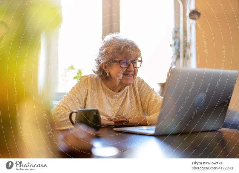 Glückliche ältere Frau mit Laptop zu Hause echte Menschen offen Senior reif Kaukasier heimwärts alt Alterung häusliches Leben Großmutter Rentnerin Großeltern