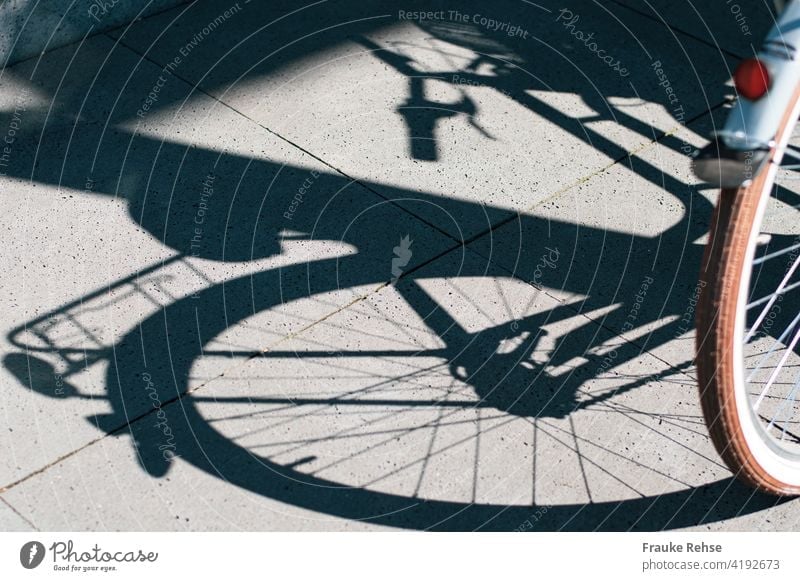 Fahrrad - Projektion im Sonnenlicht Mobilität Schatten Schattenwurf Rückstrahler rot Sommer Speichen Gepäckträger Lenker Hinterrad Nachmittag Fortbewegung Rad