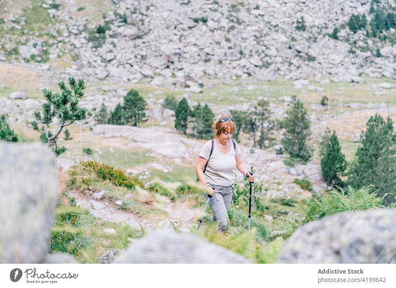 Aktive Frau, die mit Stöcken auf einem steinigen Berghang spazieren geht Spaziergang Stangengehen aktiv Hügel Weg Energie Trekking Nordic Walking physisch