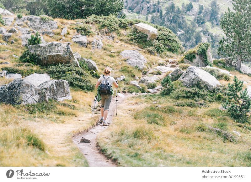 Anonyme aktive Frau, die mit Stöcken auf einem steinigen Berghang spazieren geht Spaziergang Stangengehen Hügel Weg Energie Trekking Nordic Walking physisch