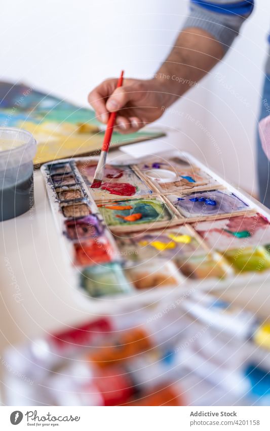 Aquarellmaler beim Mischen von Aquarellfarben mit Pinsel im Arbeitszimmer Anstreicher mischen Farbe Palette Pinselblume Wasserfarbe Kunst professionell Mann