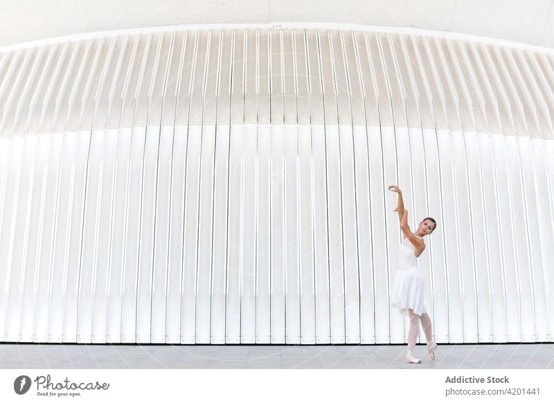 Professionelle Ballerina tanzt auf der Straße Tanzen klassisch Kunst Choreographie Bein angehoben Anmut Übung Frau Arm angehoben Tänzer Balletttänzer feminin