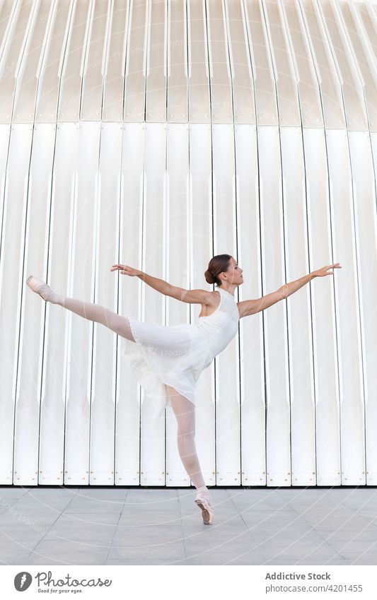 Professionelle Ballerina tanzt auf der Straße Tanzen klassisch Kunst Choreographie Bein angehoben Anmut Übung Frau Arm angehoben Tänzer Balletttänzer feminin
