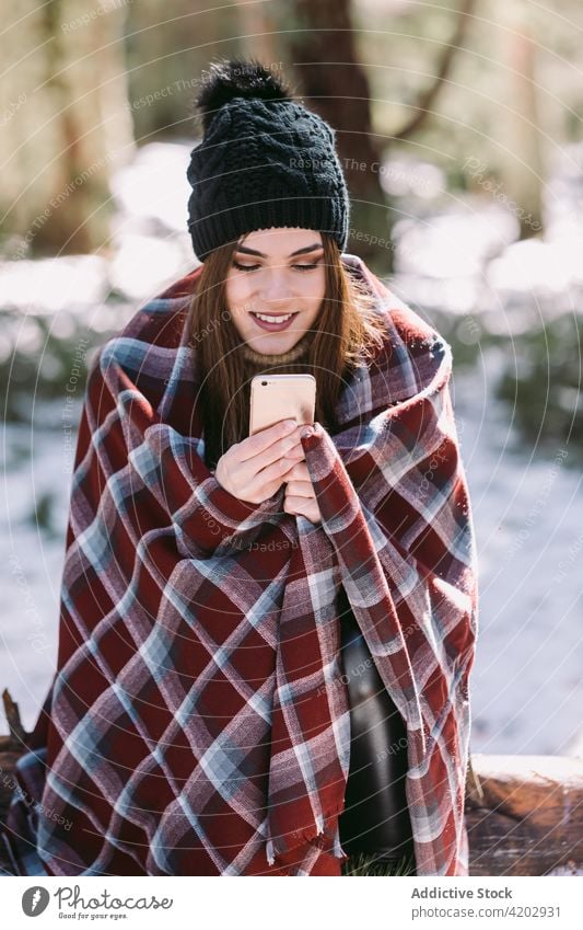 Lächelnde Frau mit Smartphone im Wald im Winter Browsen umhüllen Plaid Schnee sonnig heiter Apparatur Baum Gerät Kofferraum warm benutzend soziale Netzwerke