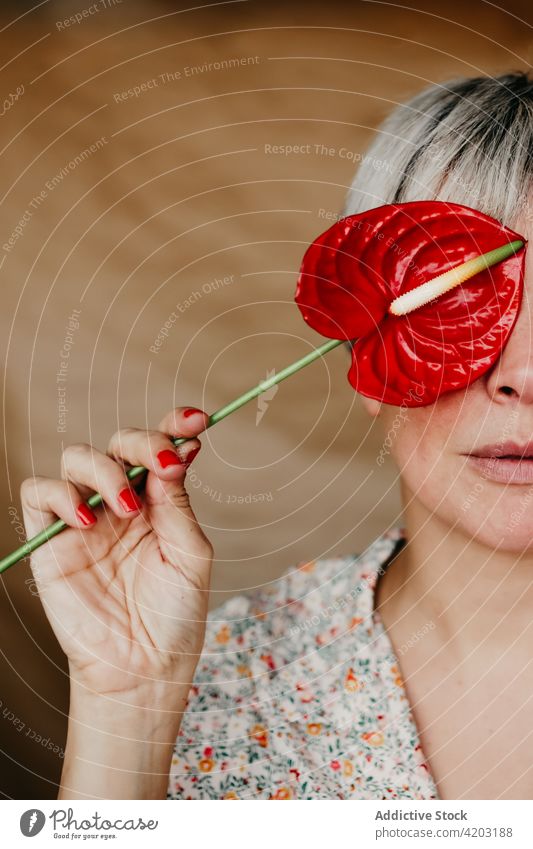 Crop-Frau, die ihr Gesicht mit Anthurium bedeckt rot Flamingoblumen Deckblatt Blume Pflanze kultivieren Vorbau Flora Blüte Blütezeit Botanik Gartenbau Dame