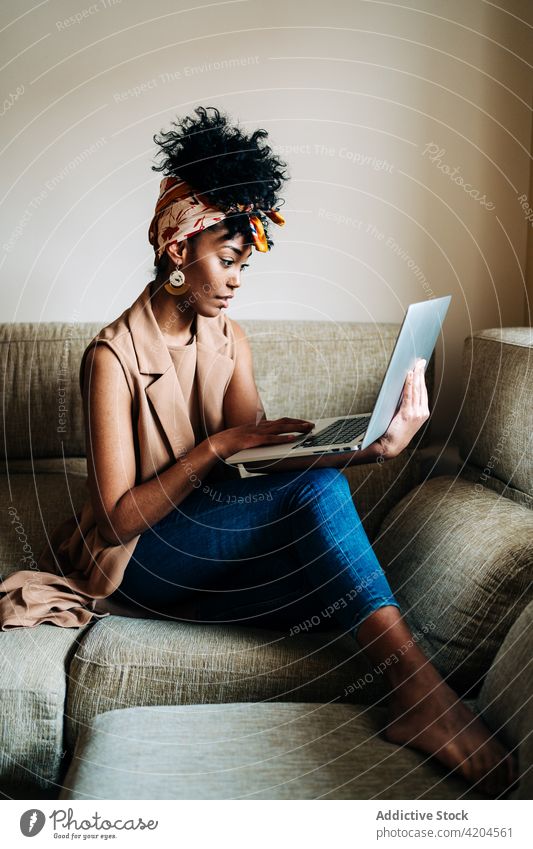 Schwarze Freiberuflerin arbeitet zu Hause am Laptop freiberuflich Frau Tippen heimwärts Arbeit abgelegen Projekt Browsen benutzend ethnisch schwarz