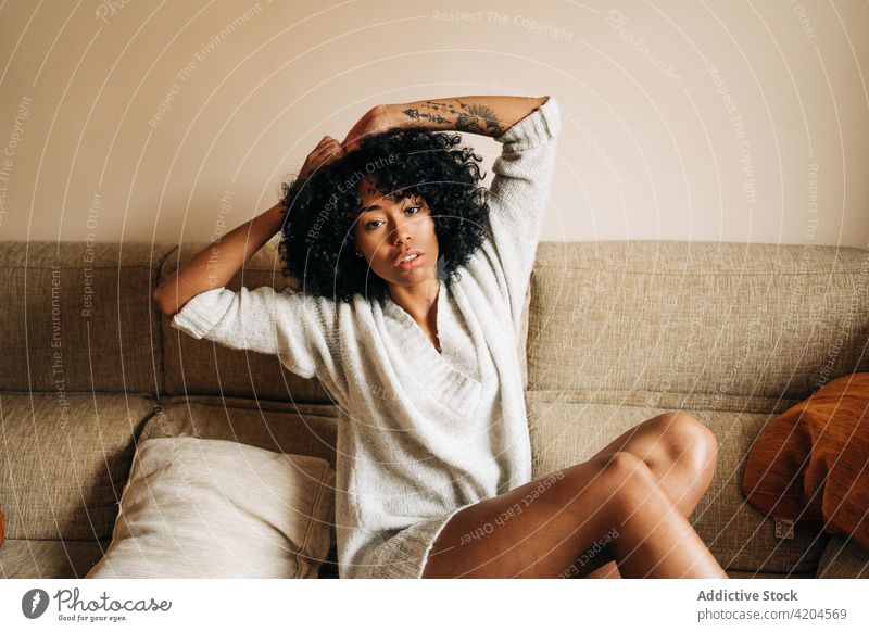 Gelassene schwarze Frau sitzt auf dem Sofa und schaut in die Kamera heimwärts Afro-Look Frisur heimisch Gelassenheit sich auf die Hand lehnen Wochenende