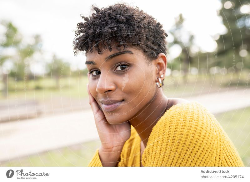 Charmante schwarze Frau schaut in die Kamera im Park charmant Afro-Look Vorschein Schönheit Frisur cool Outfit Garten ethnisch Afroamerikaner trendy Lächeln