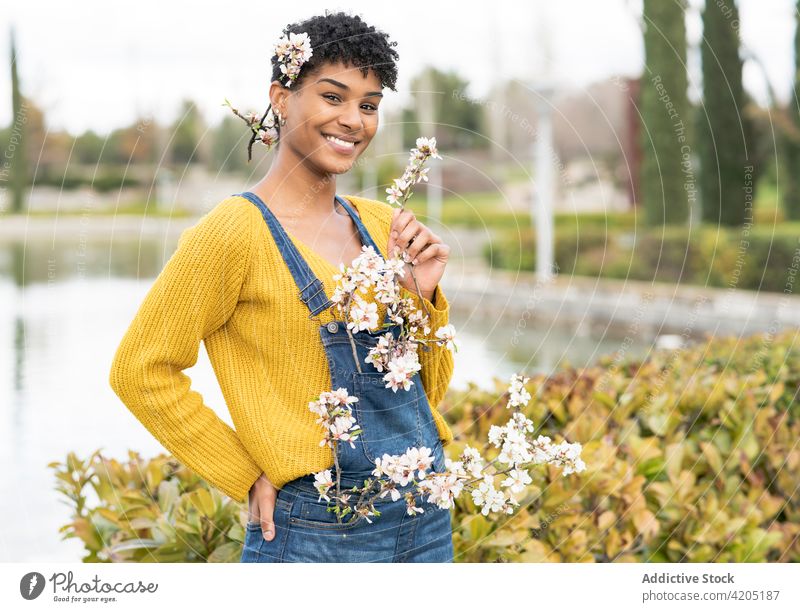 Zarte schwarze Frau mit blühenden Zweigen im Park Frühling Blume heiter Angebot Ast Blütezeit Saison Lächeln ethnisch Afroamerikaner Natur froh charmant See