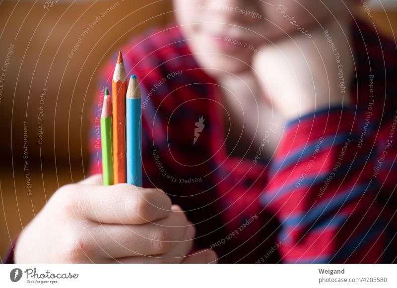 Kind im Homeschooling homeschooling Unterricht Stifte Grundschule Farben drei Entscheidung Bildung lernen