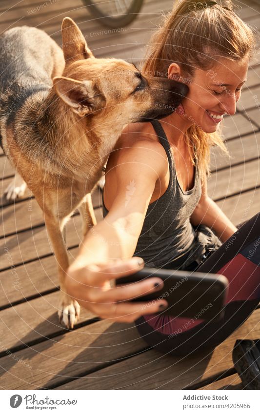 Fröhliche Läuferin macht Selfie mit Haustier auf Smartphone Frau Deutscher Schäferhund benutzend Pause Training Fitness Hund Mobile Tier Freund Apparatur Gerät