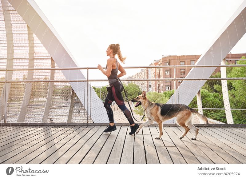 Sportliche Frau läuft mit Hund auf einem Steg Sportlerin Deutscher Schäferhund laufen Herz aktiv Haustier Training Fitness Wohlbefinden Athlet Wellness