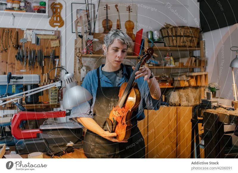 Weiblicher Kunsthandwerker prüft Geige in der Werkstatt Handwerkerin untersuchen beenden handgefertigt professionell schäbig Arbeit Frau Schürze Hobelbank Regal