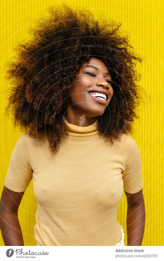 Frohe trendige schwarze Frau lachend auf gelbem Hintergrund heiter Afro-Look Frisur charmant genießen offen farbenfroh Porträt Inhalt Glück hell Lächeln sanft