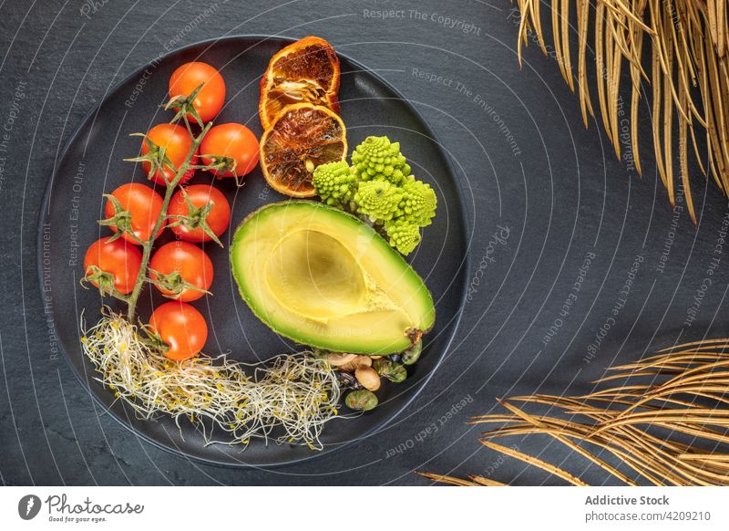 Teller mit verschiedenen gesunden Lebensmitteln auf grauem Hintergrund gesunde Ernährung Vegetarier Öko natürlich Produkt Gemüse Frucht Vitamin Nährstoff