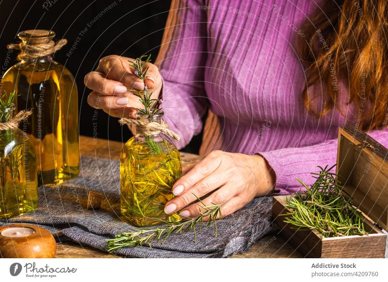 Unbekannte Frau demonstriert Flasche mit Öl und Rosmarin Kraut Erdöl manifestieren Stoff Tisch Glas zeigen filigran notwendig Licht purpur lässig kreativ