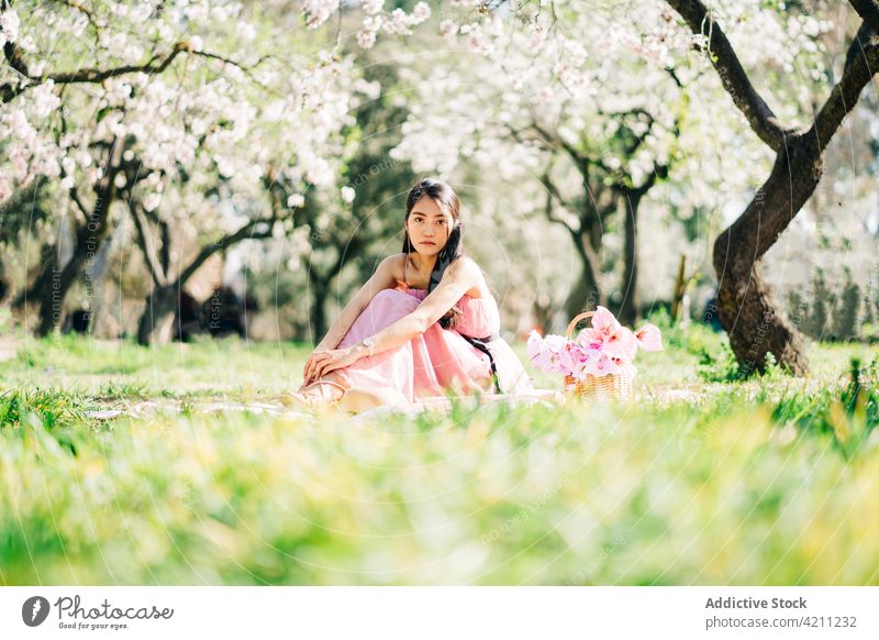 Ethnische Frau sitzend auf Plaid mit Blumen im Korb Blütezeit Rasen romantisch Obstgarten Frühling sinnlich friedlich träumen Garten Weide üppig (Wuchs) elegant