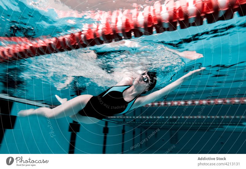 Frau schwimmt in einem Pool Sport Wasser Schwimmer Schwimmsport Athlet jung Badebekleidung Training blau Menschen Verschlussdeckel Konkurrenz Person Lifestyle