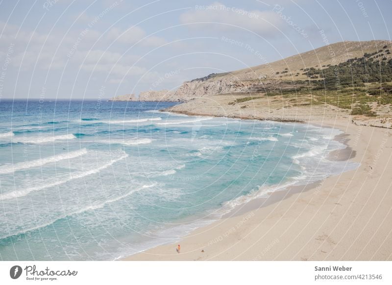 Strand von Cala Mesquida auf Mallorca Sandstrand Meer Felsen wandern Wasser blau Blauer Himmel Wellen Farbfoto Menschenleer Außenaufnahme Küste Tag Natur