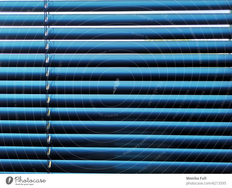 Blaue, geschlossene Jalousie mit Licht und Schatten Linien Menschenleer