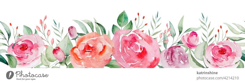 Aquarell rosa und roten Rosen Blumen und Blätter nahtlose Grenze Illustration Wasserfarbe Knospen erröten übergangslos Muster Borte Zeichnung grün