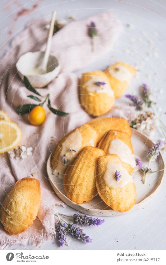 Leckere Zitronen-Madeleines auf Stoff mit Zuckerglasur madeleine Gebäck Kuchen Leckerbissen süß Glasur geschmackvoll Lavendel gebacken lecker organisch Frucht