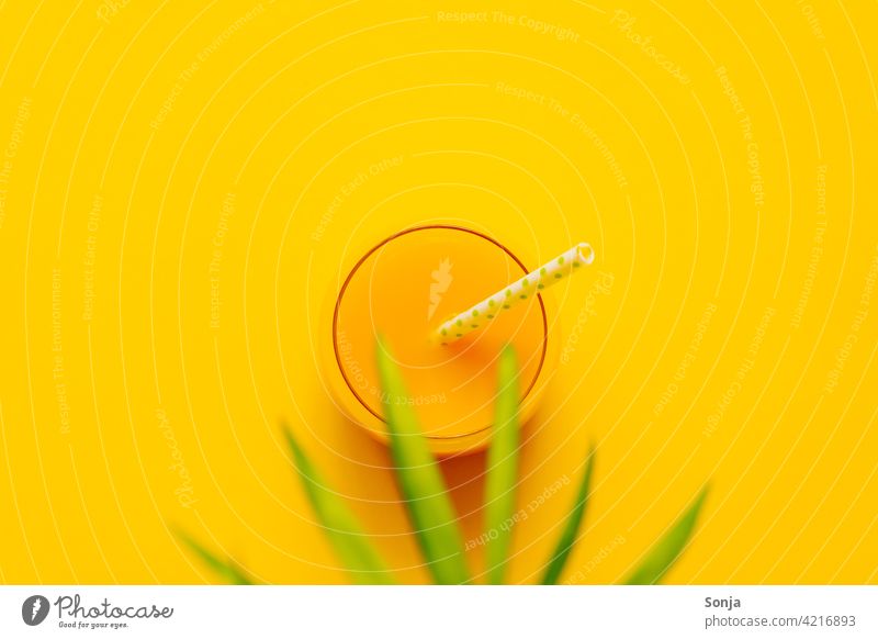 Ein Glas Orangensaft mit einem Stohhalm und ein Palmblatt auf einem gelben Hintergrund. Draufsicht Strohhalm Getränk Sommer Erfrischung Erfrischungsgetränk