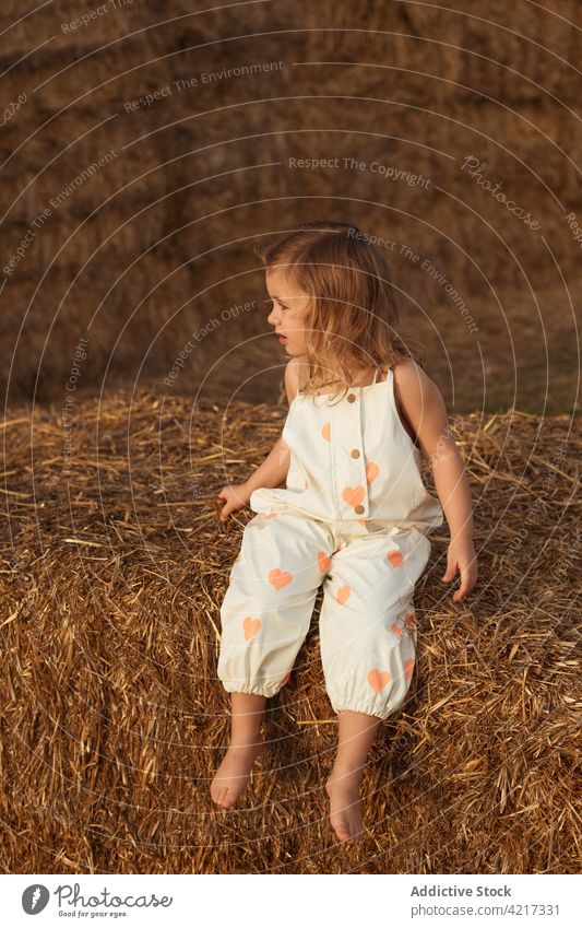 Glückliches Mädchen steht auf einer Heurolle in der Landschaft Stroh Ballen rollen Moment sorgenfrei Spaß haben spielerisch Kind Kindheit sitzen Wochenende