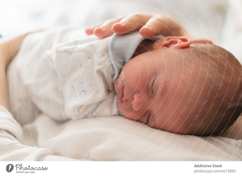 Ein Elternteil hält sein neugeborenes Baby im Bett an der Hand Händchenhalten schlafen Säuglingsalter unschuldig Windstille Harmonie idyllisch Mittagsschlaf