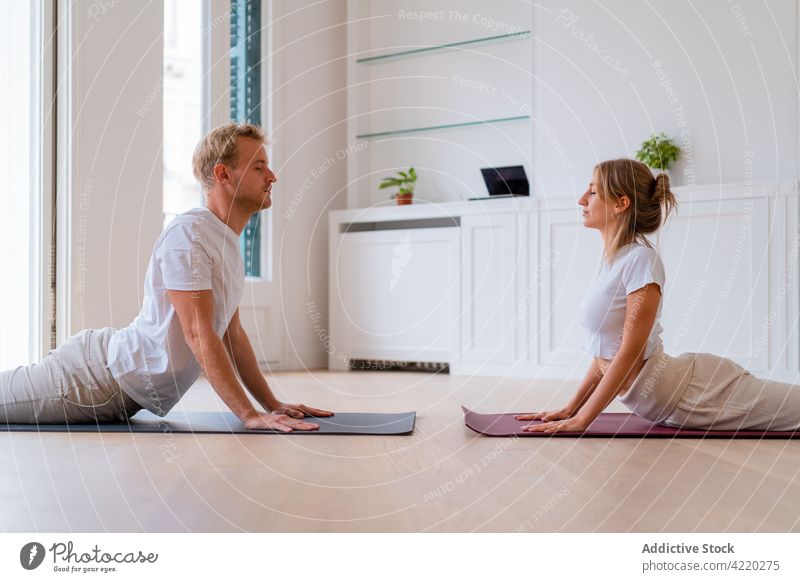 Paar macht Yoga in Cobra-Pose zu Hause Morgen heimwärts Zusammensein üben Kobra-Pose beweglich Harmonie Windstille ruhig Wellness Gleichgewicht Dehnung