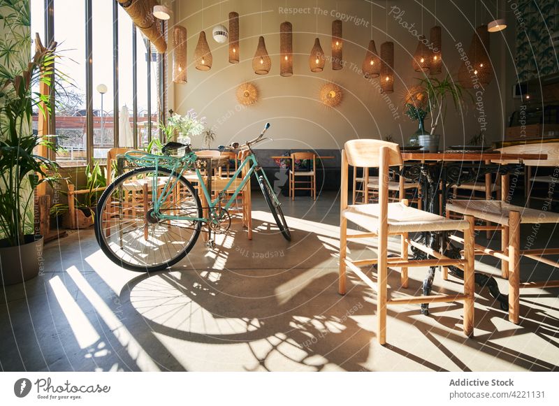 Interieur eines modernen Cafés mit Holzmöbeln Innenbereich Restaurant hölzern Möbel Stil Fahrrad Sonnenlicht gemütlich Design Dekor Pflanze Komfort Tisch Stuhl