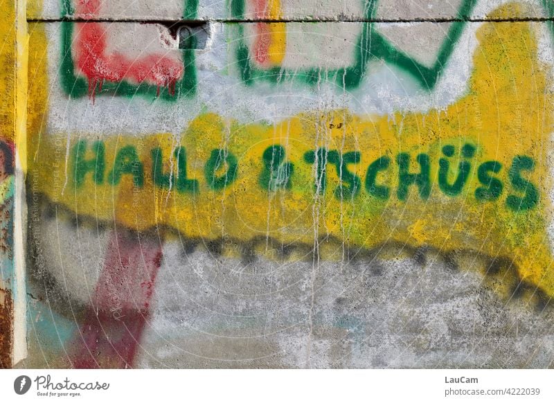 Hallo & Tschüss in grün auf gelb Hallo und Tschüss Gruß Verabschiedung Farbfoto Kommunizieren Begrüßung Willkommen Schriftzeichen Außenaufnahme Graffiti Worte
